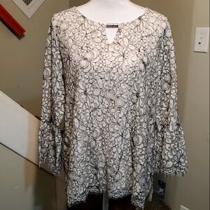 JM Collection Black and White Lace Women's L/S Large Top